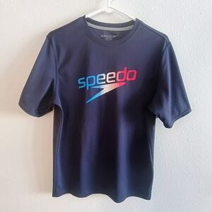Speedo UPF 50 Swim Shirt Rash Guard Navy Short Sleeve Logo Top Size S
